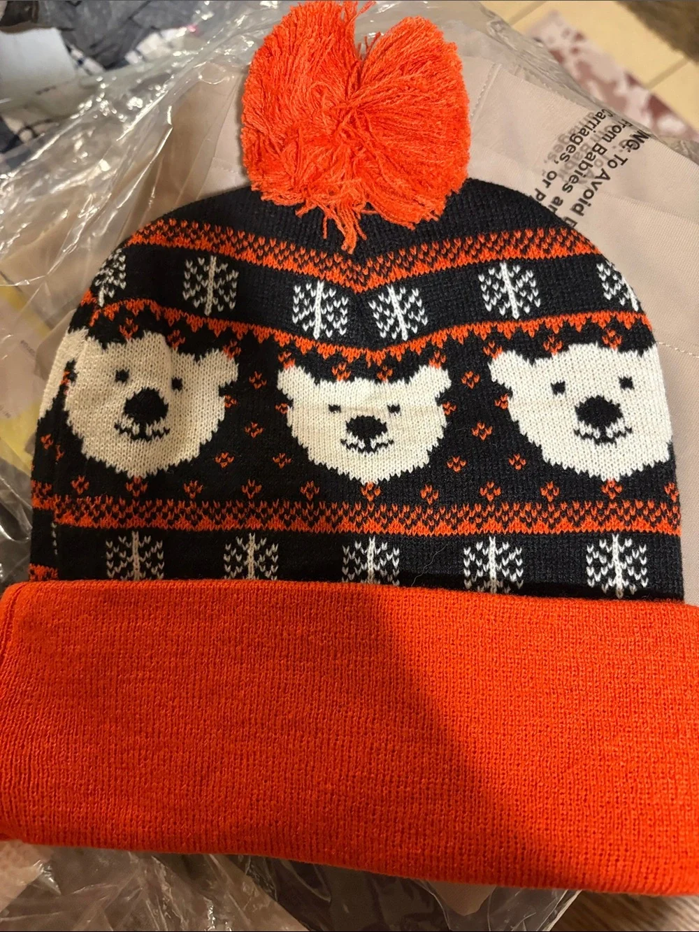 Coca-Cola Polar Bear Fair Isle Pom Beanie Black Orange NWT